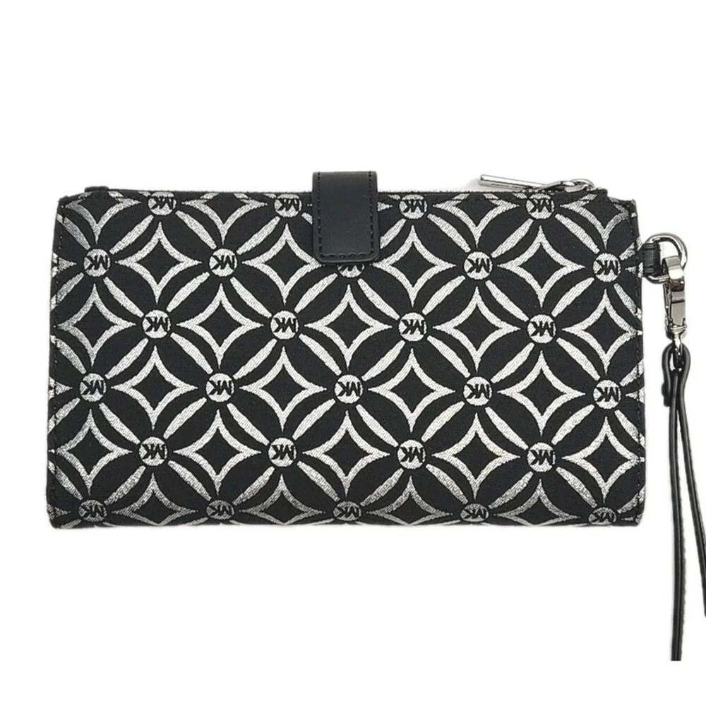 Michael Kors Wristlet Wallet Phone Black Silver Jet Set Double Zip 7.25x4.5
